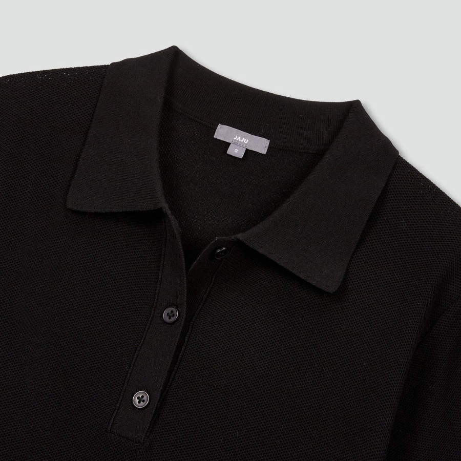 JAJU Strong Twisted Yarn Collar Short Sleeve Knit – Black