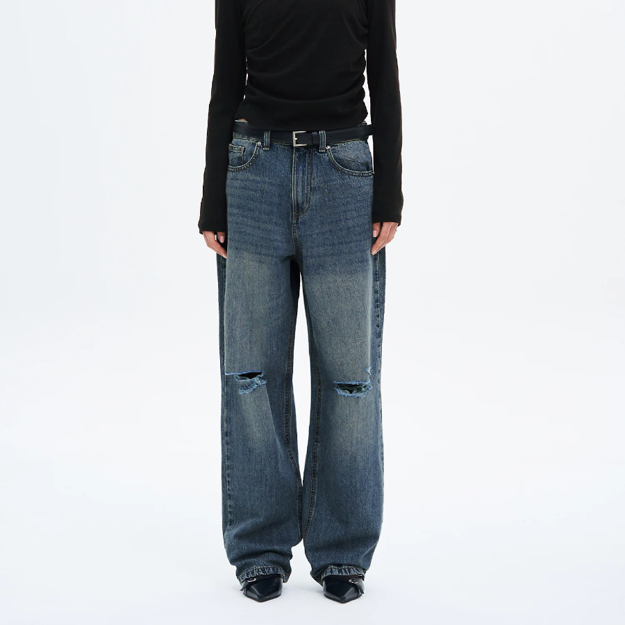 8 seconds Damaged Straight Denim - Blue