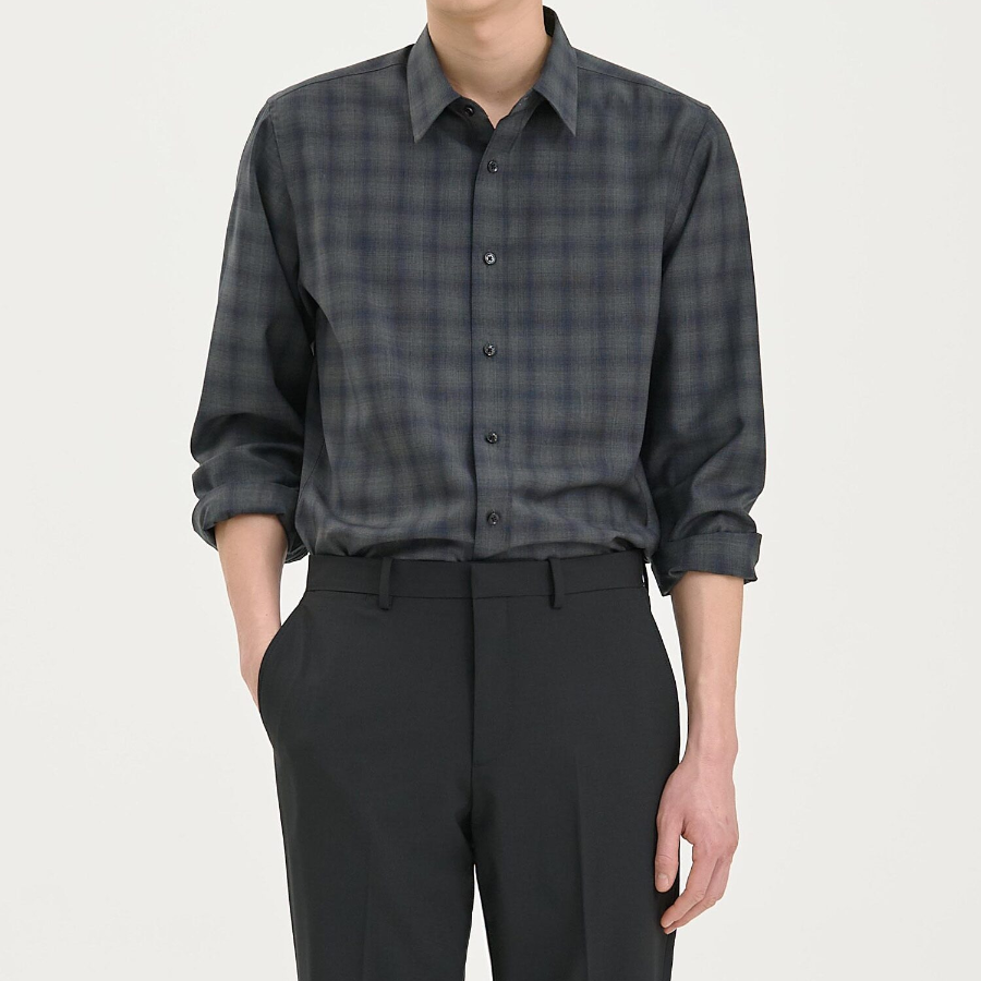 Theory Men Wool Irving Shirt - Charcoal Melange/Navy