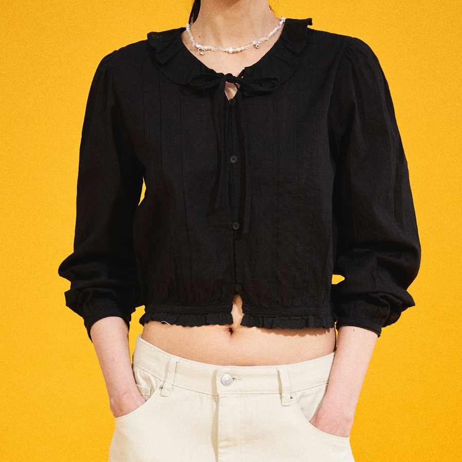 8 seconds Cotton Lace Long Sleeve Blouse — Black