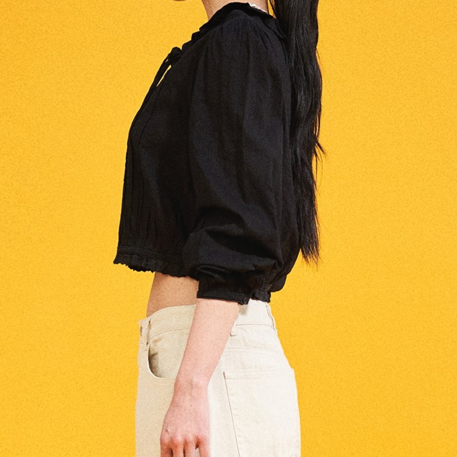 8 seconds Cotton Lace Long Sleeve Blouse — Black