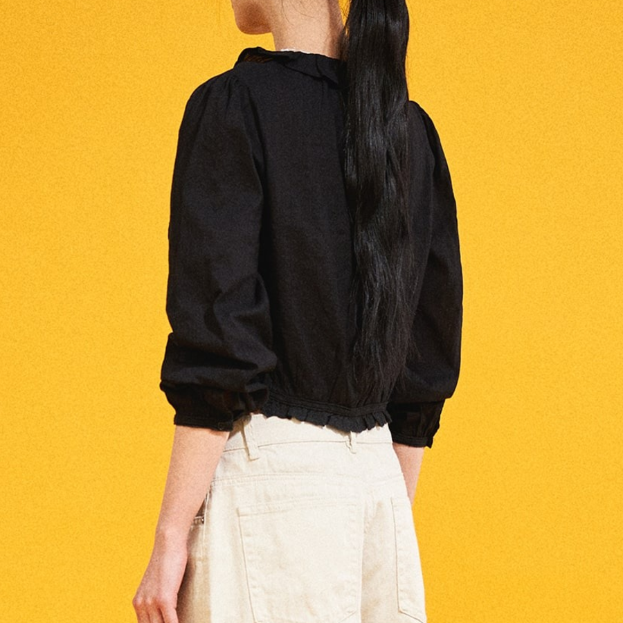 8 seconds Cotton Lace Long Sleeve Blouse — Black