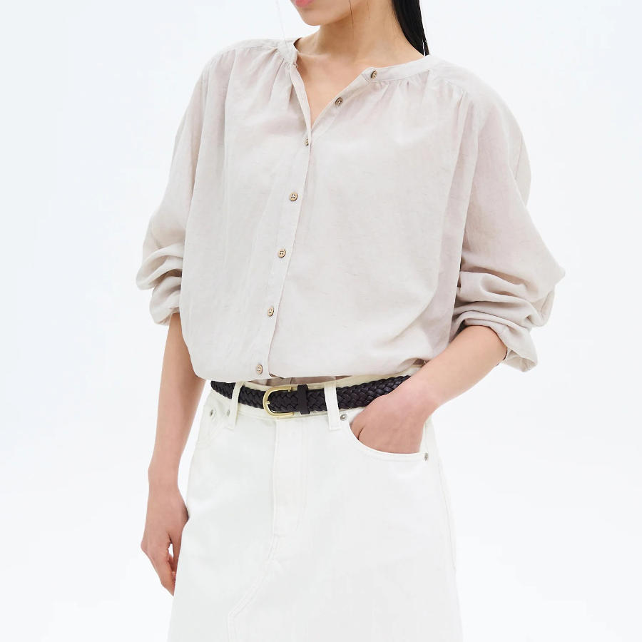 8 seconds Round Neck Shirring Long Sleeve Blouse — Beige