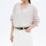 8 seconds Round Neck Shirring Long Sleeve Blouse — Beige
