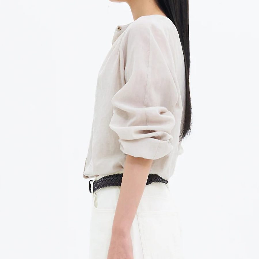 8 seconds Round Neck Shirring Long Sleeve Blouse — Beige