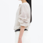 8 seconds Round Neck Shirring Long Sleeve Blouse — Beige