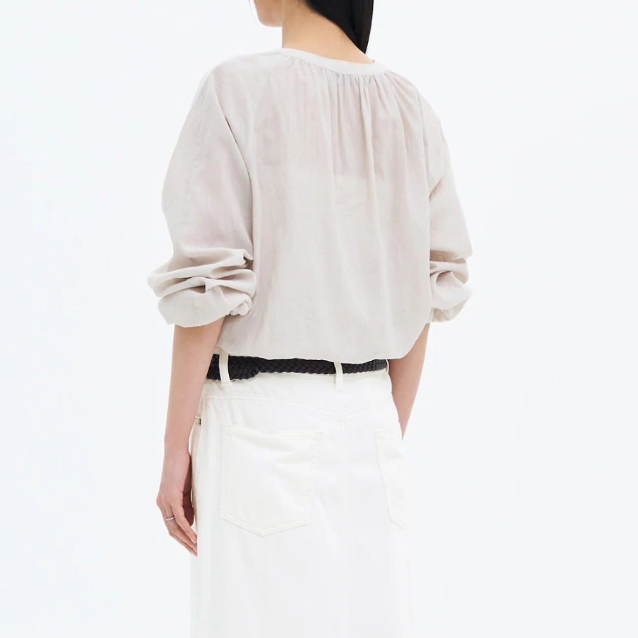 8 seconds Round Neck Shirring Long Sleeve Blouse — Beige