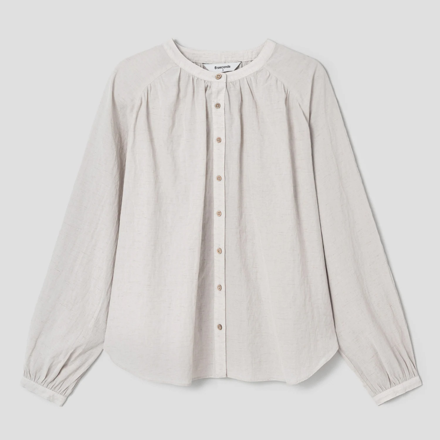 8 seconds Round Neck Shirring Long Sleeve Blouse — Beige