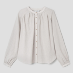 8 seconds Round Neck Shirring Long Sleeve Blouse — Beige