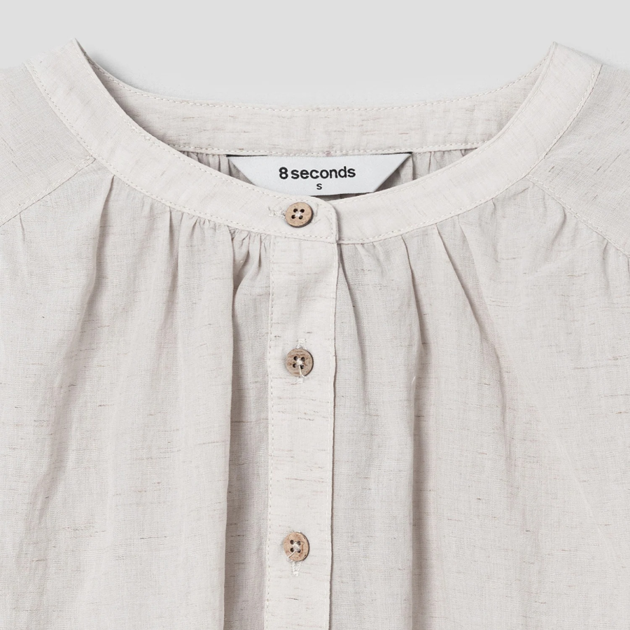8 seconds Round Neck Shirring Long Sleeve Blouse — Beige