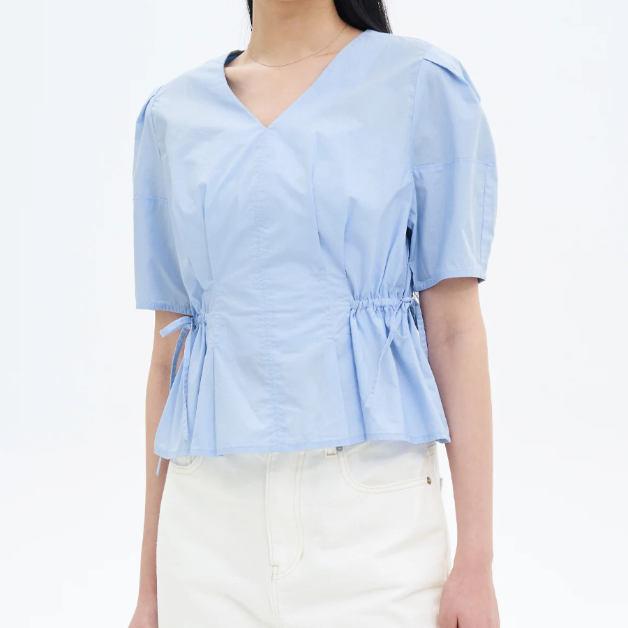 8 seconds Cotton Shirring Short Sleeve Shirt — Sky Blue