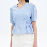 8 seconds Cotton Shirring Short Sleeve Shirt — Sky Blue