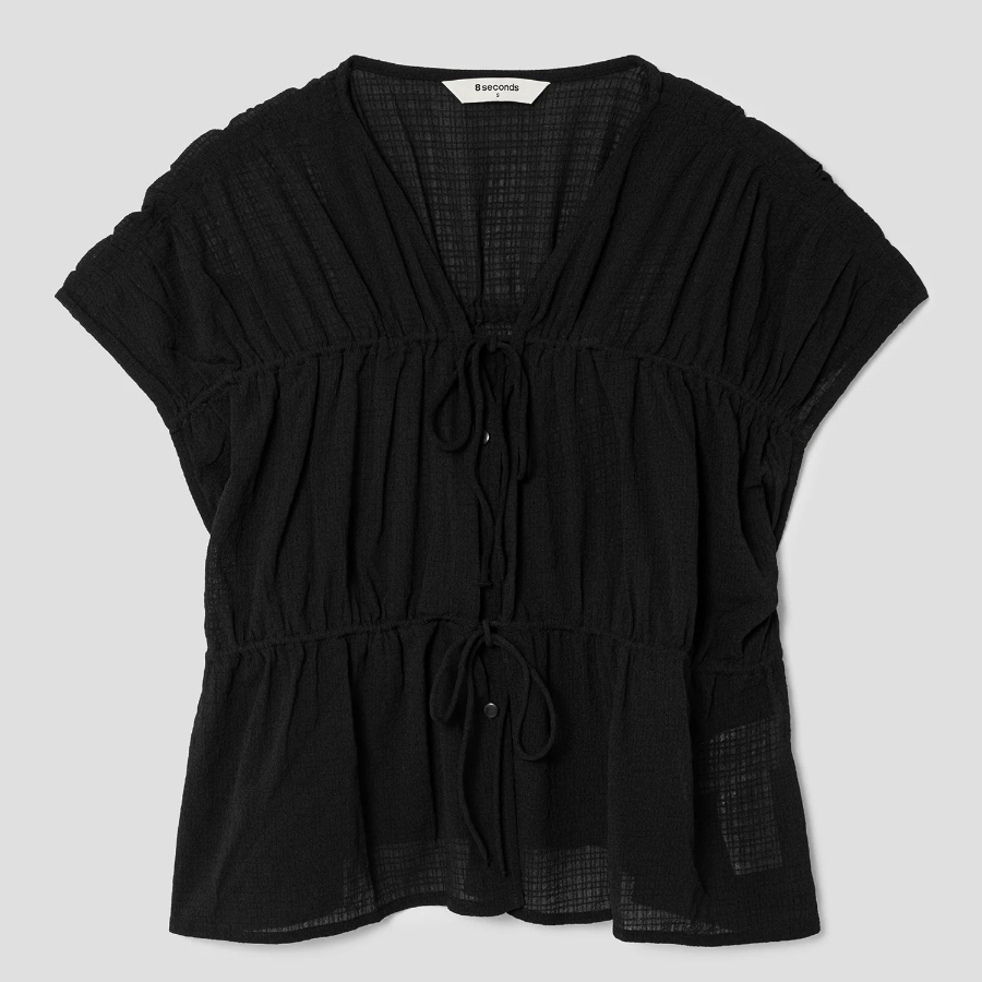 8 seconds Ribbon Shirring Blouse — Black