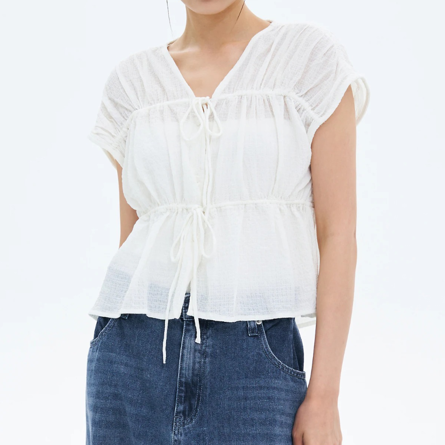 8 seconds Ribbon Shirring Blouse — White