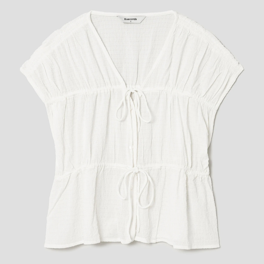 8 seconds Ribbon Shirring Blouse — White