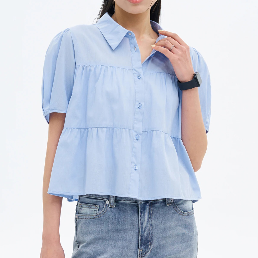 8 seconds Low Density Cotton Tiered Short Sleeve Blouse — Sky Blue