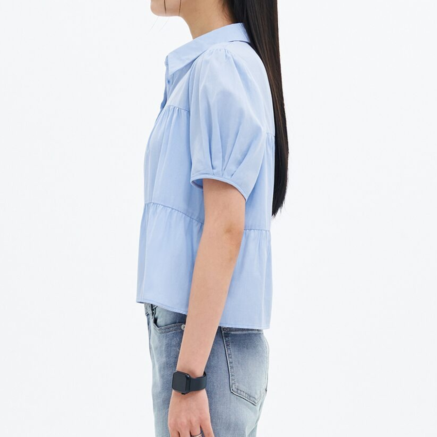 8 seconds Low Density Cotton Tiered Short Sleeve Blouse — Sky Blue