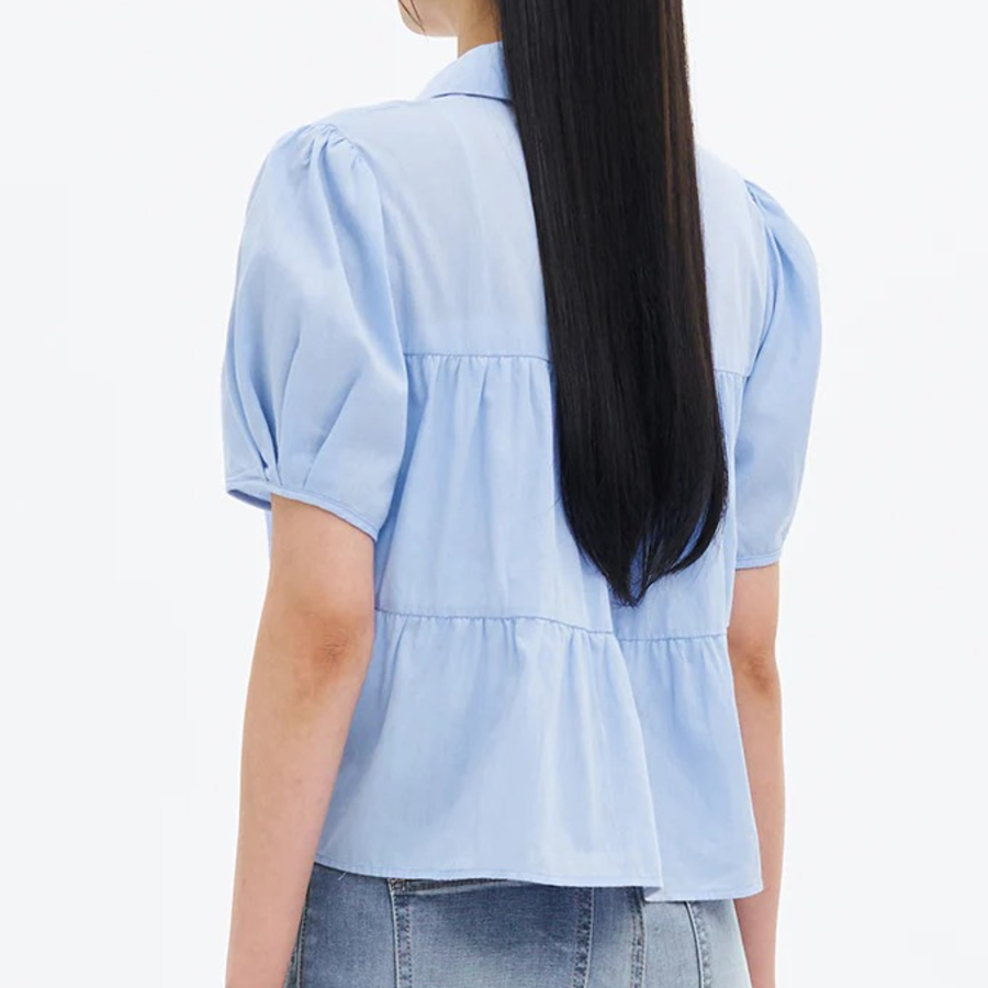 8 seconds Low Density Cotton Tiered Short Sleeve Blouse — Sky Blue