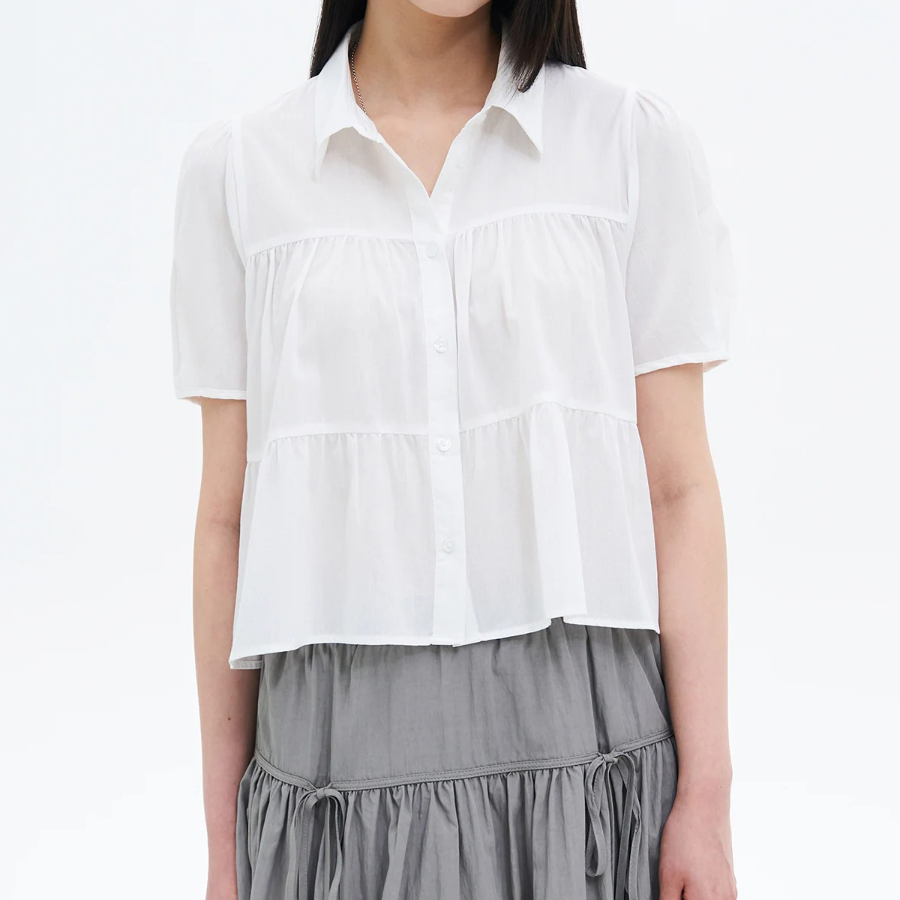 8 seconds Low Density Cotton Tiered Short Sleeve Blouse — White