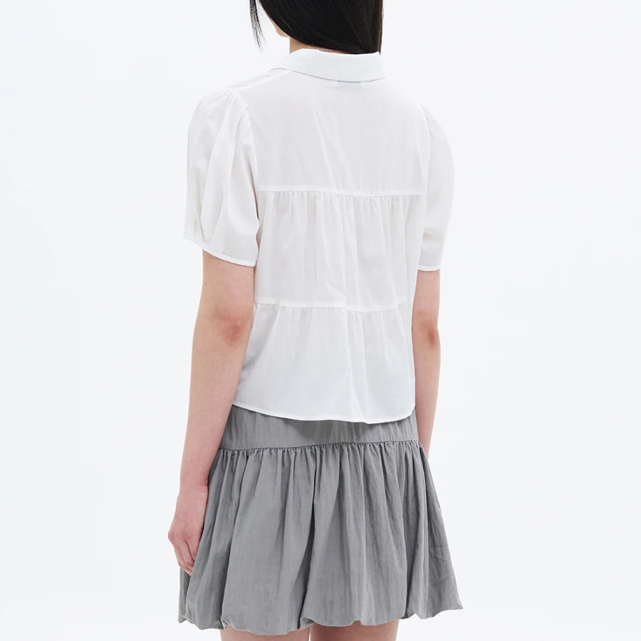 8 seconds Low Density Cotton Tiered Short Sleeve Blouse — White