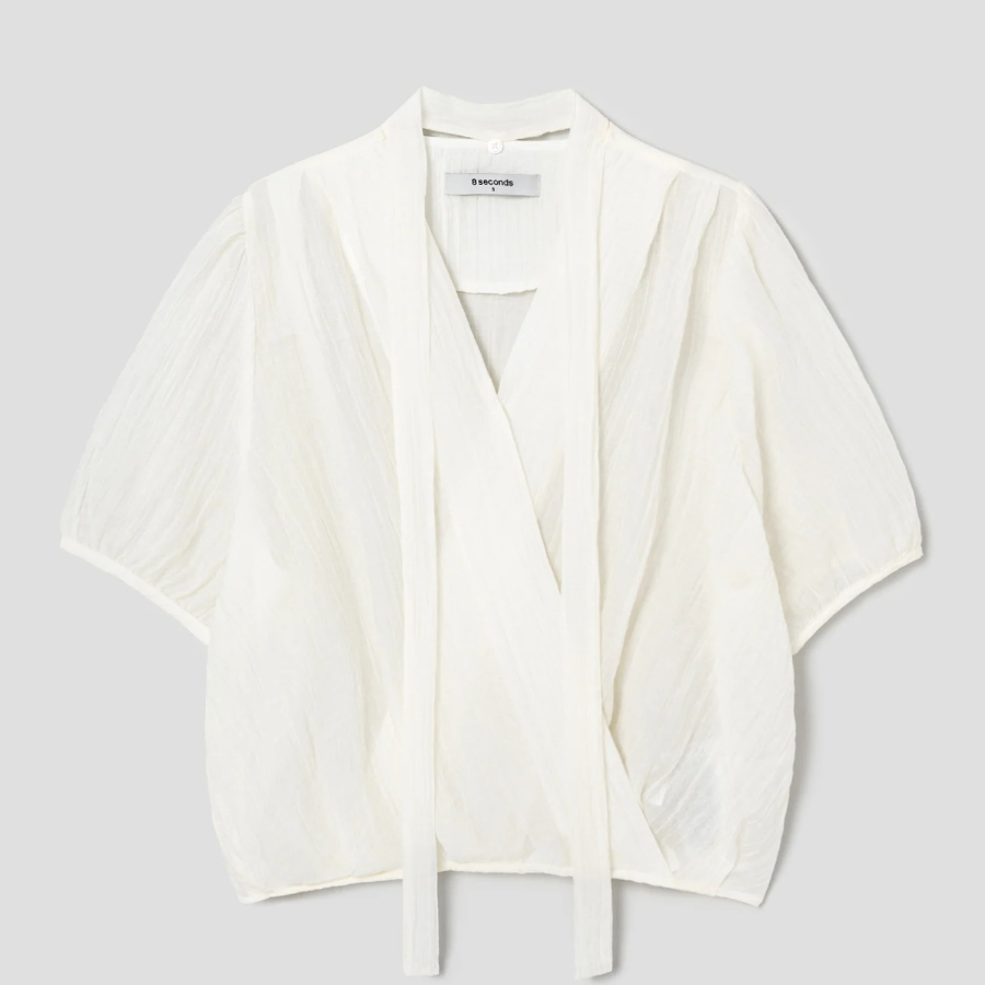 8 seconds Crinkle Tie Short Sleeve Blouse — Ivory
