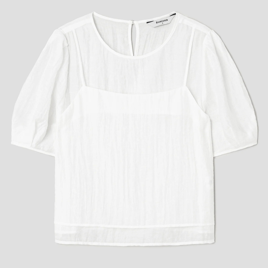 8 seconds Short-Sleeve Sheer Blouse — Ivory