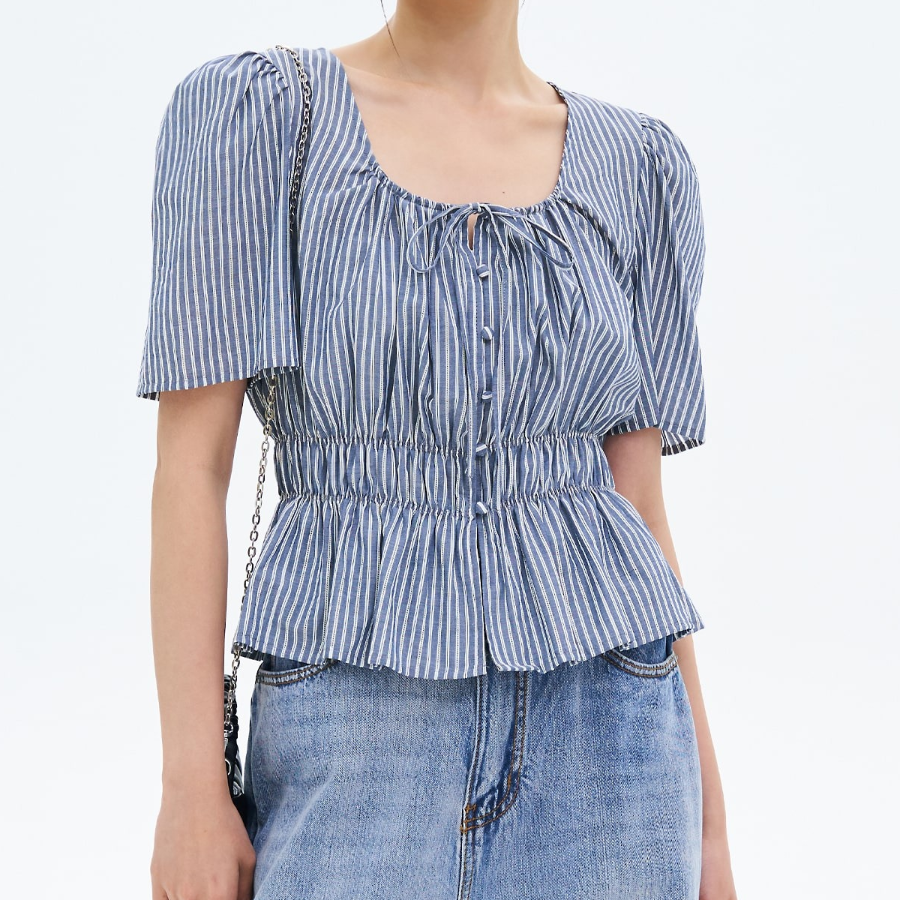 8 seconds Stripe Smocking Blouse — Navy
