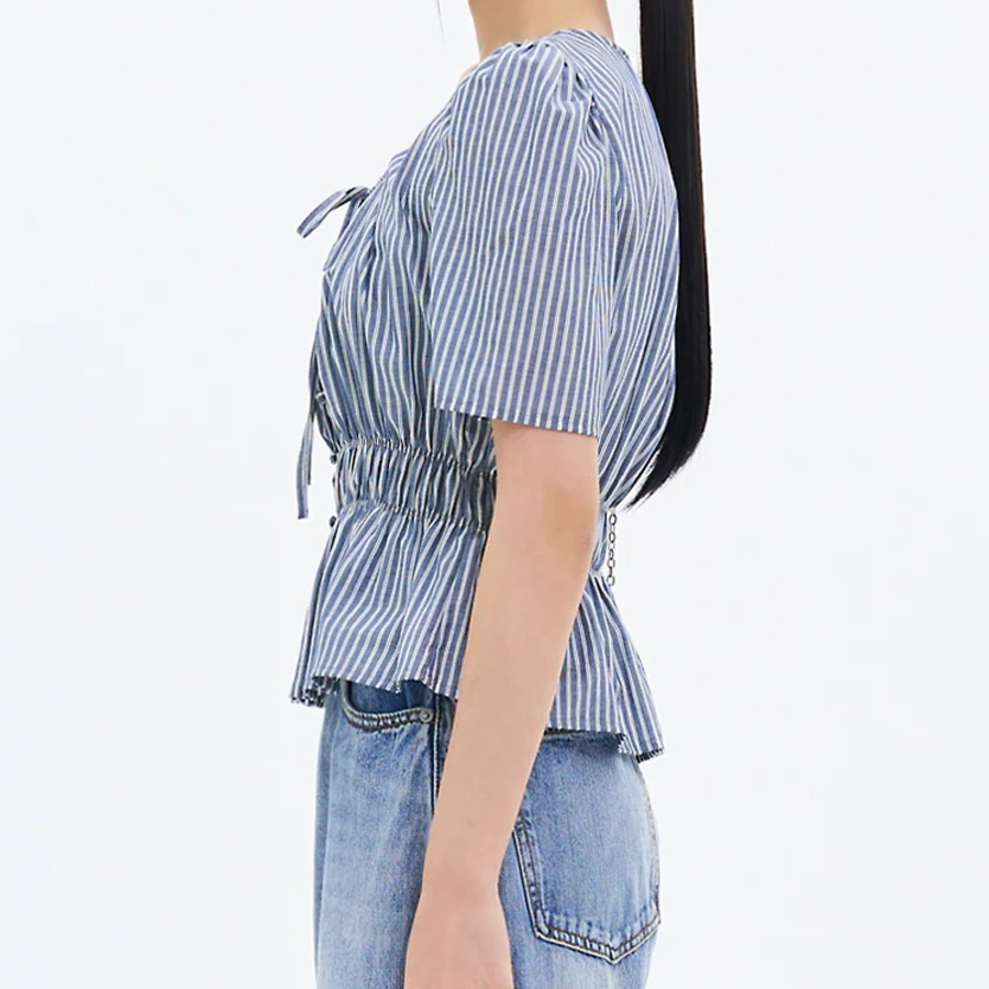 8 seconds Stripe Smocking Blouse — Navy