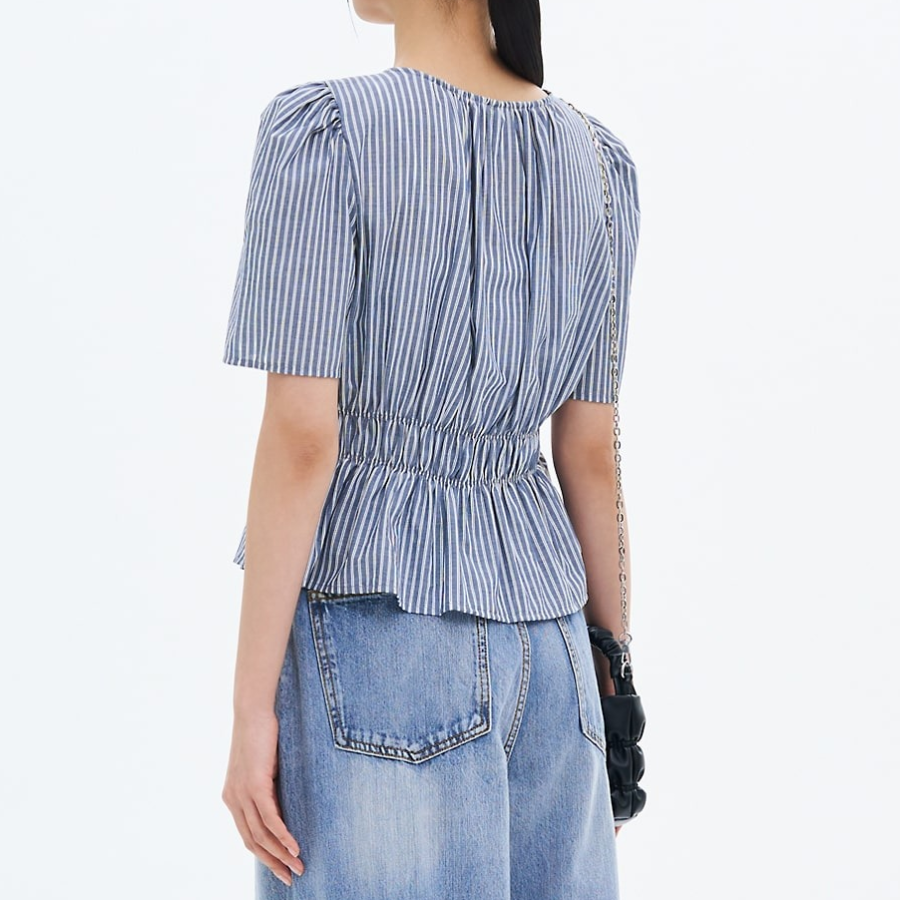 8 seconds Stripe Smocking Blouse — Navy