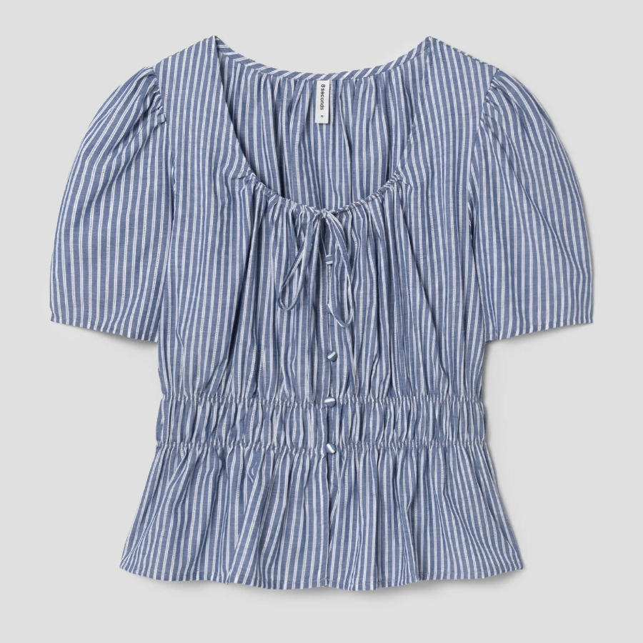 8 seconds Stripe Smocking Blouse — Navy