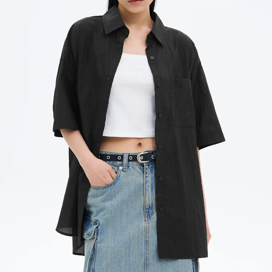 8 seconds Oversized Nylon Short-Sleeve Shirt — Black