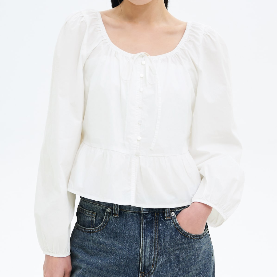8 seconds Cotton Neck Shirring Long Sleeve Blouse — White