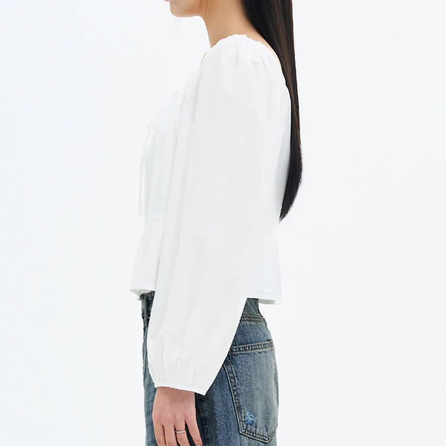8 seconds Cotton Neck Shirring Long Sleeve Blouse — White