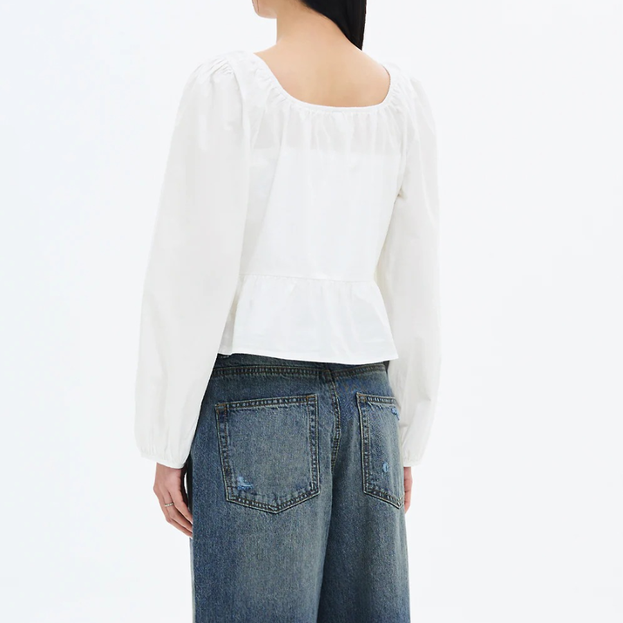 8 seconds Cotton Neck Shirring Long Sleeve Blouse — White
