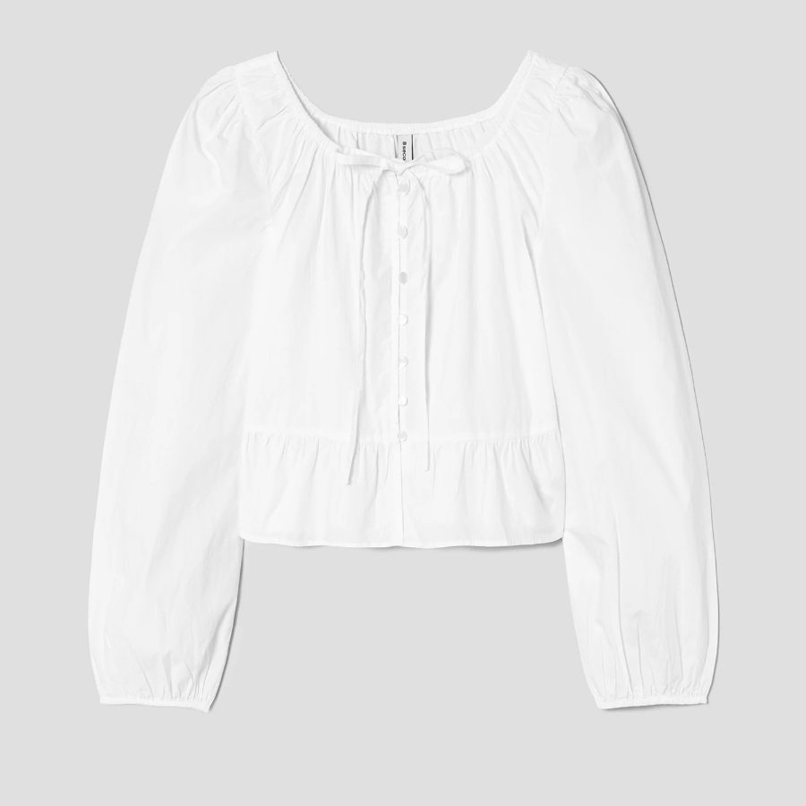 8 seconds Cotton Neck Shirring Long Sleeve Blouse — White