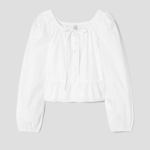 8 seconds Cotton Neck Shirring Long Sleeve Blouse — White