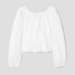 8 seconds Cotton Neck Shirring Long Sleeve Blouse — White