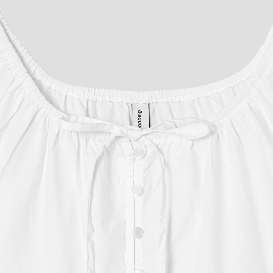 8 seconds Cotton Neck Shirring Long Sleeve Blouse — White