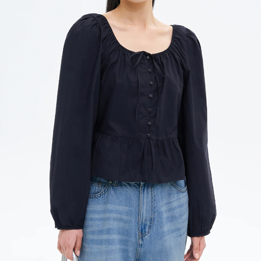 8 seconds Cotton Neck Shirring Long Sleeve Blouse — Navy
