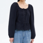 8 seconds Cotton Neck Shirring Long Sleeve Blouse — Navy