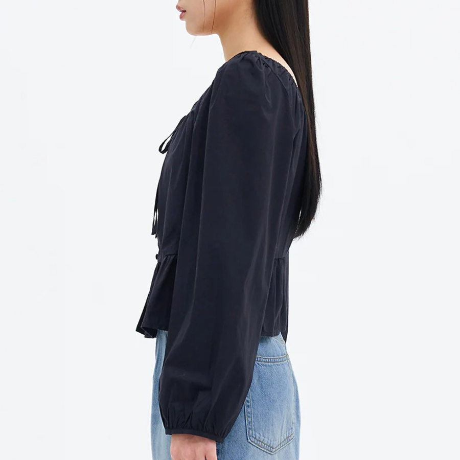 8 seconds Cotton Neck Shirring Long Sleeve Blouse — Navy