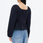 8 seconds Cotton Neck Shirring Long Sleeve Blouse — Navy