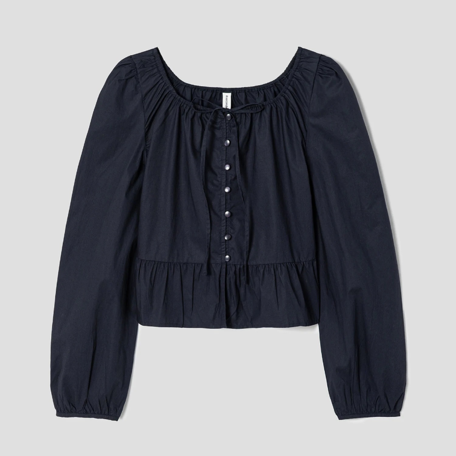8 seconds Cotton Neck Shirring Long Sleeve Blouse — Navy