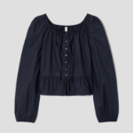 8 seconds Cotton Neck Shirring Long Sleeve Blouse — Navy