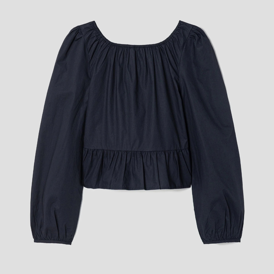 8 seconds Cotton Neck Shirring Long Sleeve Blouse — Navy