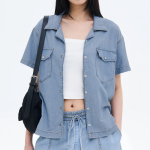 8 seconds Open Collar Denim Short Sleeve Shirt — Sky Blue