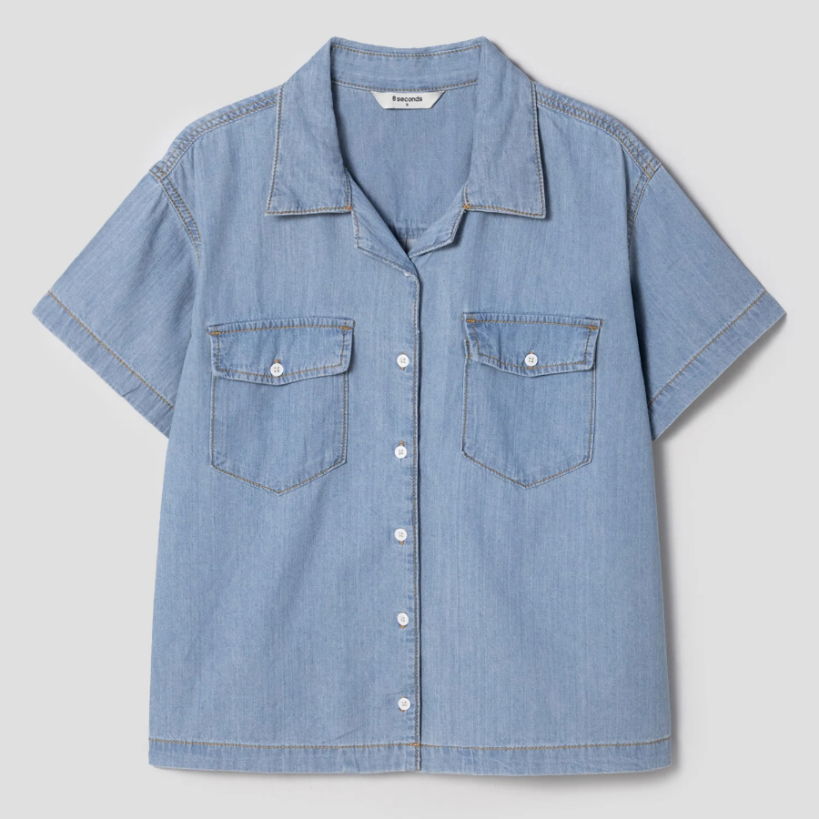 8 seconds Open Collar Denim Short Sleeve Shirt — Sky Blue