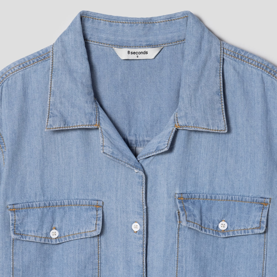 8 seconds Open Collar Denim Short Sleeve Shirt — Sky Blue
