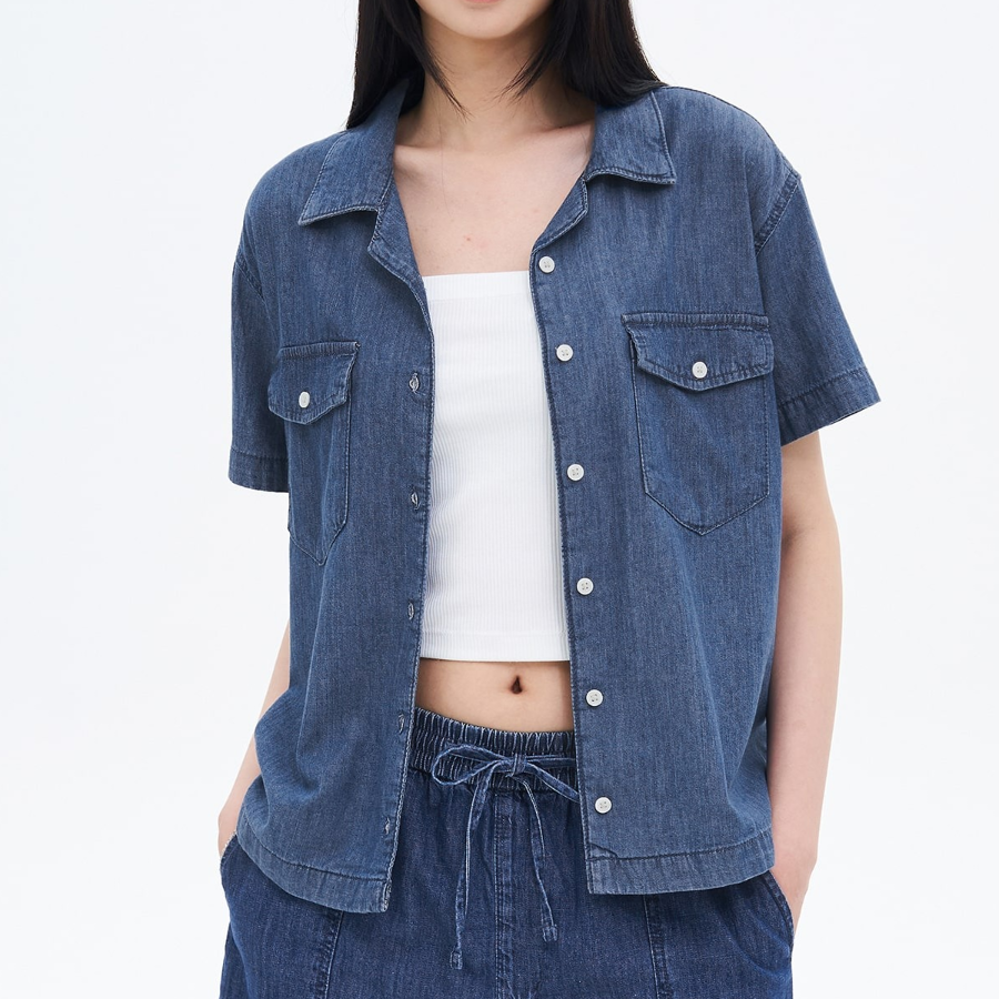 8 seconds Open Collar Denim Short Sleeve Shirt — Blue