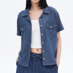 8 seconds Open Collar Denim Short Sleeve Shirt — Blue